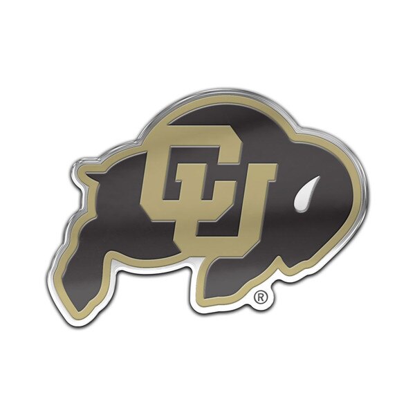 Colorado Buffaloes logo emblem featuring a black buffalo silhouette with gold CU lettering and a metallic outline